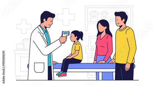 Medical Checkup: A doctor uses a thermometer to check a young girl's temperature while the girl's parents watch. Capturing a moment of healthcare and parental care.