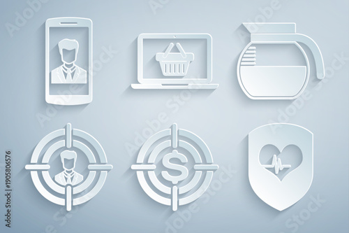 Set Target with dollar, Coffee pot, Head hunting, Shield and heart rate, Shopping basket on laptop and Smartphone contact icon. Vector