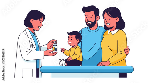Medical Consultation: A doctor advises a family about the health of the child, offering care and assurance.