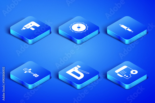 Set Power electric generator, Electric drill machine, Construction stapler, Electrical hand concrete mixer, Circular saw blade and Soldering iron icon. Vector