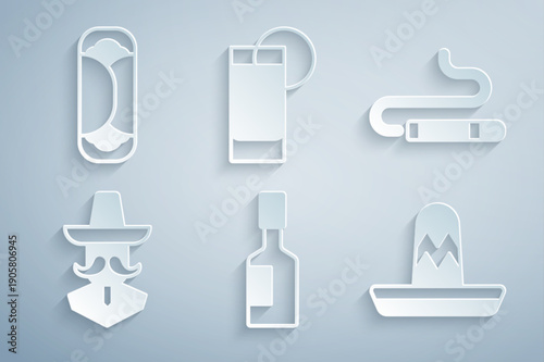 Set Tabasco sauce, Cigar, Mexican man sombrero, Tequila glass with lemon and Burrito icon. Vector
