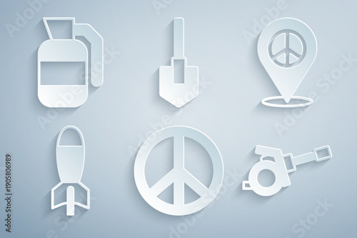 Set Peace, Location peace, Rocket launcher, Howitzer, Shovel and Hand grenade icon. Vector