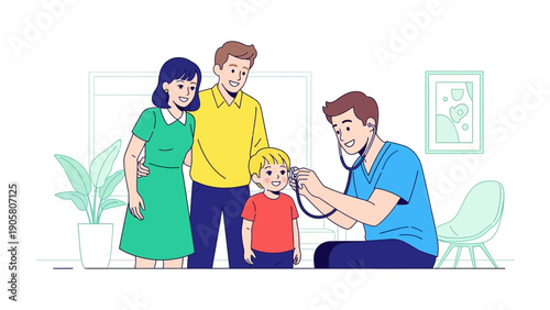Caring Pediatric Examination: A young child receives a check-up from a friendly physician in a bright, inviting room, while loving parents offer comfort and support.