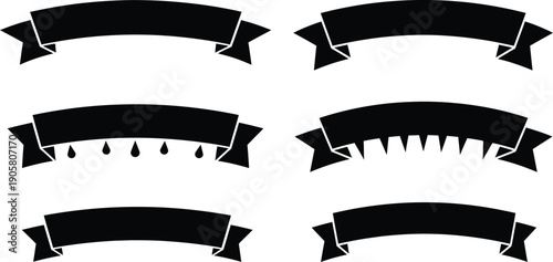 A collection of six distinct black banner designs with varying patterns and shapes