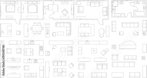 A collection of various architectural blueprint elements isolated on transparent background
