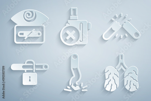 Set Cigarette butt, Broken cigarette, No smoking, Disease lungs, electronic and Hypnosis icon. Vector