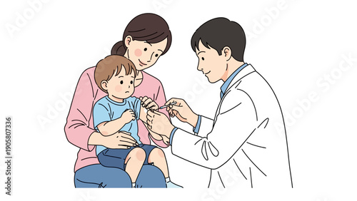 Kind Care: A gentle doctor administering a shot to a child, with a comforting mother present, symbolizing health and wellness.