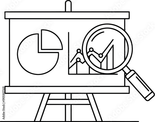 A magnifying glass examining a line graph and pie chart on an easel