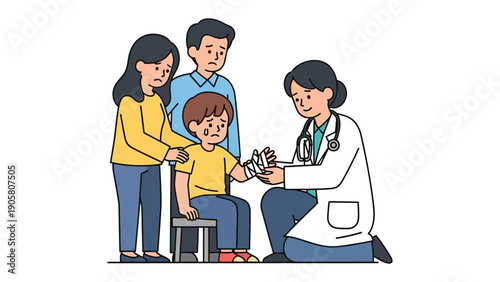 Compassionate Care: A dedicated medical professional attends to a young patient's injury, offering comfort and care amidst concerned family members.