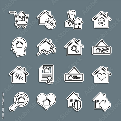 Set line House with heart shape, Hanging sign Sold, Realtor, Rising cost of housing, Man dreaming about buying house, Shopping cart and Search icon. Vector