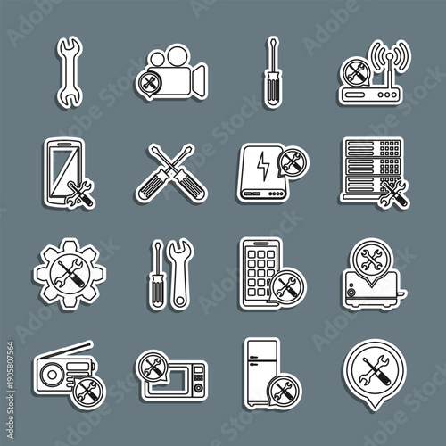 Set line Location service, Toaster, Database server, Screwdriver, Crossed screwdrivers, Smartphone, Wrench and Power bank icon. Vector