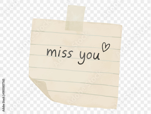 Watercolor miss you taped note cute illustration vector.