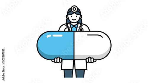 Medical Concept: A dedicated medical professional is seen presenting a large, symbolic capsule, representing healthcare and medication, creating a visual narrative on medicine and health.