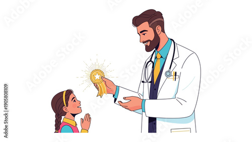 Pediatric Doctor & Patient: A caring doctor bestows a symbolic award upon a young patient, signifying the child's bravery and resilience during a medical journey.