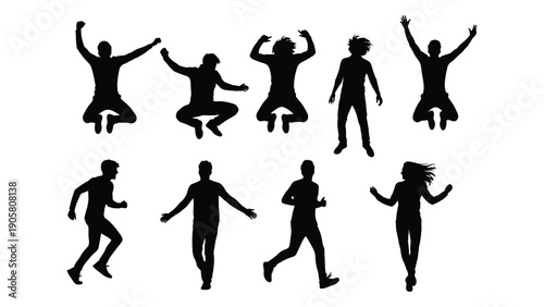 Silhouettes of people dancing and running in various poses and styles. Vector