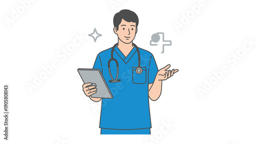 Medical Professional in Illustration: A skilled healthcare worker, dressed in medical scrubs, stands in a serene pose, holding a digital tablet and gesturing with an inviting hand.
