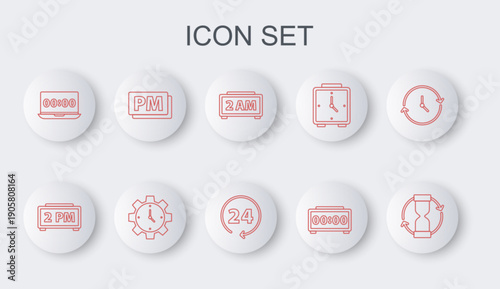 Set line Old hourglass, Digital alarm clock, Clock on laptop, PM, Time Management and 24 hours icon. Vector