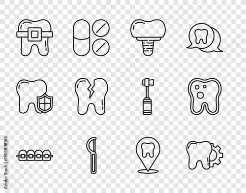 Set line Teeth with braces, Tooth treatment procedure, Dental implant, floss, Broken tooth, clinic location and caries icon. Vector