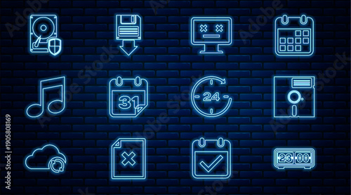 Set line Retro flip clock, Floppy disk in the 5.25-inch, Dead monitor, Calendar, Music note, tone, Hard drive HDD protection, Clock 24 hours and backup icon. Vector