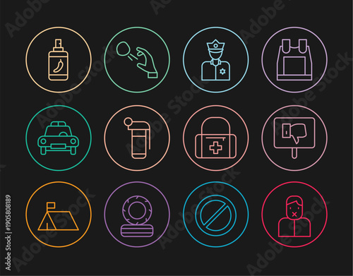 Set line Censor and freedom of speech, Protest, Police officer, Hand grenade, car flasher, Pepper spray, First aid kit and Hooligan shooting stones icon. Vector