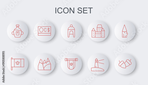 Set line Acorn, Flag of Canada, Winter hat, Lighthouse, Maple syrup, Canadian dollar, Mountains and Pennant icon. Vector