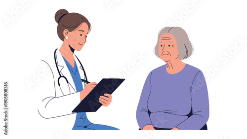 Doctor's Visit: A compassionate doctor attentively documents an elder's health concerns during a routine medical examination.  