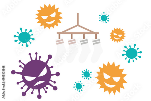 花粉やアレルゲンが付着した靴下のイラスト｜杉花粉シーズンと洗濯物の環境リスク