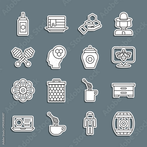 Set line Wooden barrel with honey, Hive for bees, Bee, Honeycomb and hand, Beekeeper, dipper stick, Jar of and icon. Vector