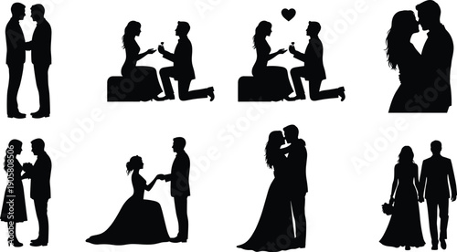 Romantic couple silhouettes, marriage proposal vector, wedding scene illustration, love embrace design, relationship artwork, flat vector illustration, romantic gesture icon