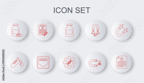 Set line Clinical record, Test tube with drop of blood, Medicine bottle, Customer attracting, and pills, Clipboard DNA analysis, Network port cable socket and Genetic engineering icon. Vector