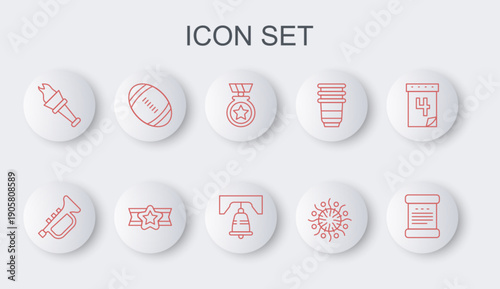 Set line Declaration of independence, Trumpet, Medal with star, Firework, Torch flame, American Football ball, Star military and Liberty bell Philadelphia icon. Vector
