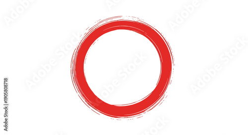 Crimson circle drawn with rough brush strokes against a stark white backdrop