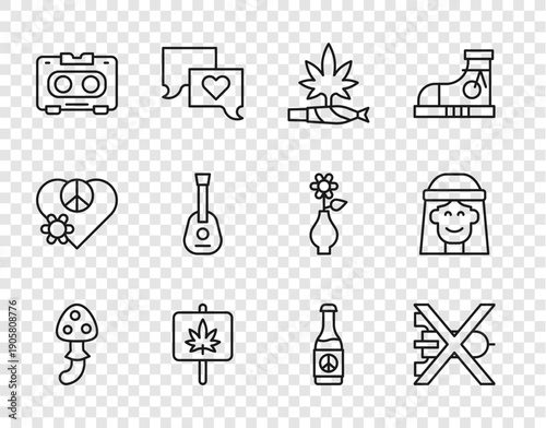 Set line Psilocybin mushroom, No war, Marijuana joint, spliff, Retro audio cassette tape, Guitar, Beer bottle and Hippie girl icon. Vector