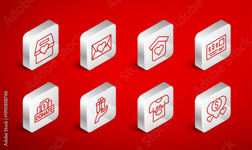 Set line Donation and charity, Envelope with heart, Shelter for homeless, Bank check, Animal volunteer, Give gift and icon. Vector