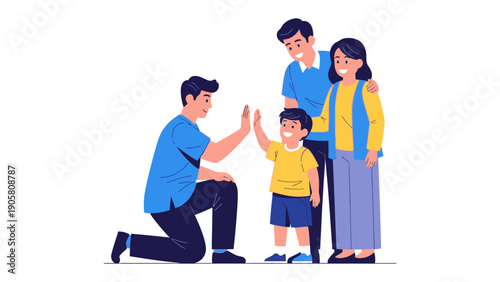 Family Bond: A heartwarming illustration captures a family's bond as a father gives his son a high-five, with parents looking on. conveying joy, affection, and the strength of family ties.