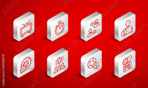 Set line Fan club football, Stopwatch, Substitution player, Buy, Soccer, Football match TV, and icon. Vector