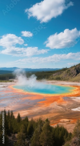 Colorful geothermal hot spring landscape with vibrant sky