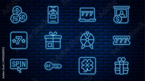 Set line Gift box, Lottery ticket, Laptop and slot machine, Casino, chip with dollar, Lucky wheel and on phone icon. Vector