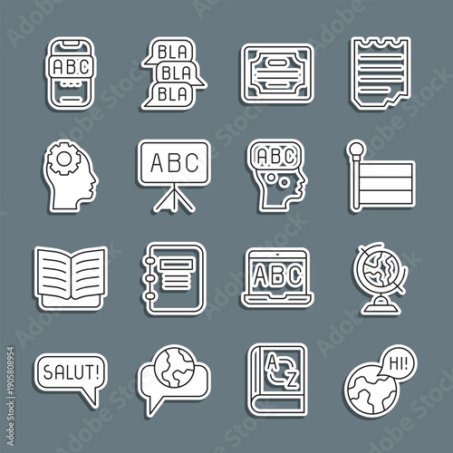 Set line Learning foreign languages, Earth globe, Flag, Certificate template, Chalkboard, Head with gear inside, Foreign online study and icon. Vector