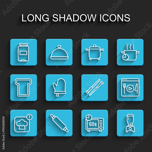 Set line Chef hat, Rolling pin, Jam jar, Microwave oven, Blender, Oven glove, Cooking live streaming and Food chopsticks icon. Vector