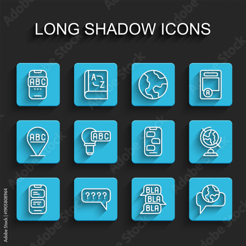 Set line Online translator, Foreign language online study, chat, Learning foreign languages, Creative lamp light idea, Earth globe and New messages notification icon. Vector