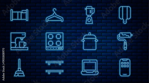 Set line Mobile Apps, Paint roller brush, Blender, Gas stove, Coffee machine, Bed, Cooking pot and Hanger wardrobe icon. Vector