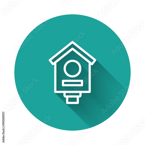 White line Bird house icon isolated with long shadow. Nesting box birdhouse, homemade building for birds. Green circle button. Vector