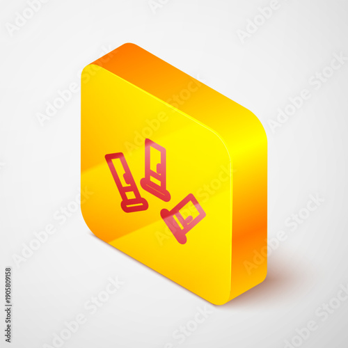 Isometric line Cartridges icon isolated on grey background. Shotgun hunting firearms cartridge. Hunt rifle bullet icon. Yellow square button. Vector