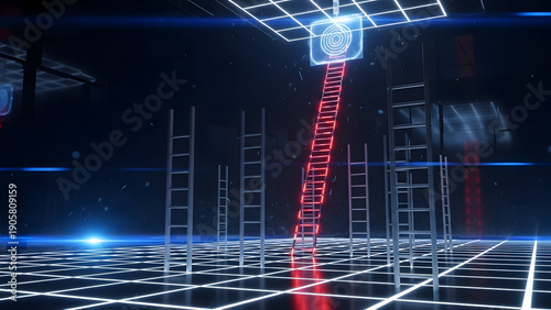 Futuristic digital landscape with glowing red ladder reaching target