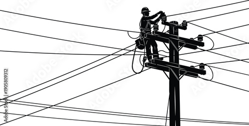 Utility worker silhouette, electrical maintenance, power line repair, safety gear design, industrial labor icon, energy infrastructure vector, flat vector illustration