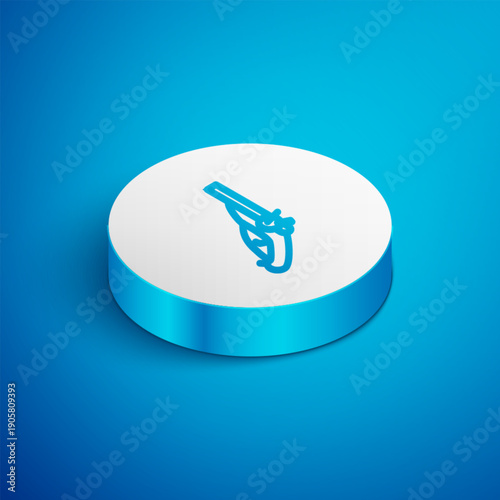 Isometric line Vintage pistols icon isolated on blue background. Ancient weapon. White circle button. Vector