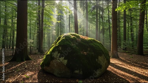 Sunlit forest scene moss covered rock amidst tall trees