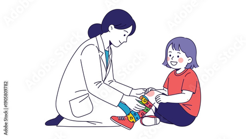 Healthcare Checkup: A compassionate physician provides attentive care to a young child, checking their injured knee, symbolizing health and wellness.