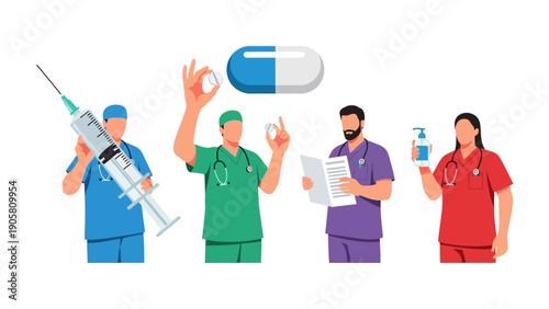 Healthcare Professionals: A group of dedicated healthcare professionals showcase various medical tools and medicines, representing their vital role in health and wellness.